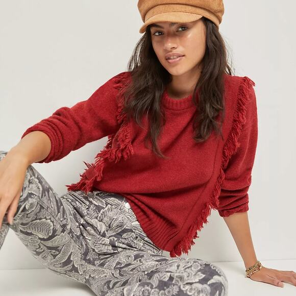 Anthropologie Mazie Fringe Pullover Sweater XS Long Sleeve Cropped Boho Rust Red - Picture 1 of 12